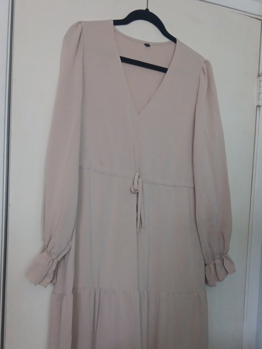 Long Sleeve V-Neck Tiered Maxi Dress in Light Beige